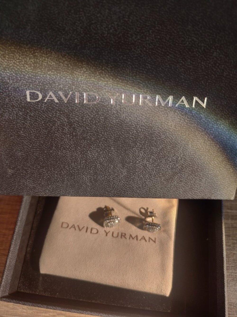 David Yurman Classic Silver Cable Edge Square Pave Stud Earrings - Picture 3 of 8